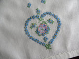 Vintage Embroidered Blue Daisy Heart and Pansy Linen Guest Towel - The Pink Rose Cottage