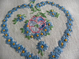 Vintage Embroidered Blue Daisy Heart and Pansy Linen Guest Towel - The Pink Rose Cottage 
