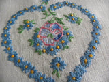 Vintage Embroidered Blue Daisy Heart and Pansy Linen Guest Towel - The Pink Rose Cottage