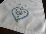 Vintage Embroidered Blue Daisy Heart and Pansy Linen Guest Towel - The Pink Rose Cottage