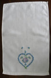Vintage Embroidered Blue Daisy Heart and Pansy Linen Guest Towel - The Pink Rose Cottage