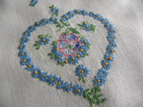 Vintage Embroidered Blue Daisy Heart and Pansy Linen Guest Towel - The Pink Rose Cottage