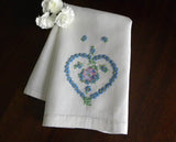 Vintage Embroidered Blue Daisy Heart and Pansy Linen Guest Towel - The Pink Rose Cottage