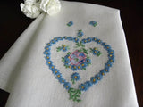 Vintage Embroidered Blue Daisy Heart and Pansy Linen Guest Towel - The Pink Rose Cottage