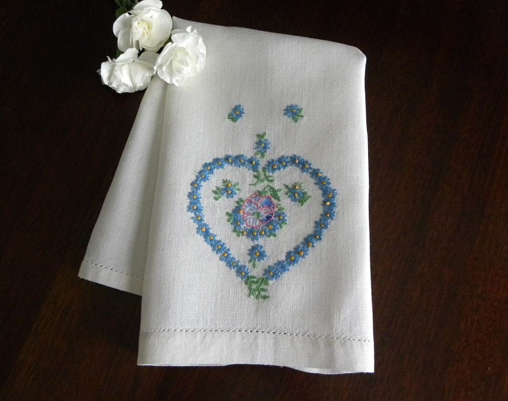 Vintage Embroidered Blue Daisy Heart and Pansy Linen Guest Towel - The Pink Rose Cottage