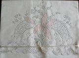 Unused Vintage Madeira Hand Embroidered Iris Lily Pillowcases - The Pink Rose Cottage 