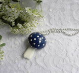 Vintage Blue and White Polka Dot Mushroom Enameled Necklace Pendant - The Pink Rose Cottage 