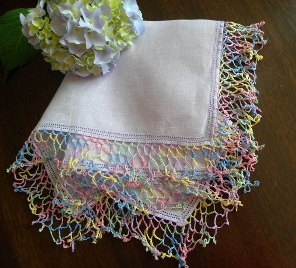 Vintage Purple Irish Linen Handkerchief with Rainbow Tatting Lace - The Pink Rose Cottage
