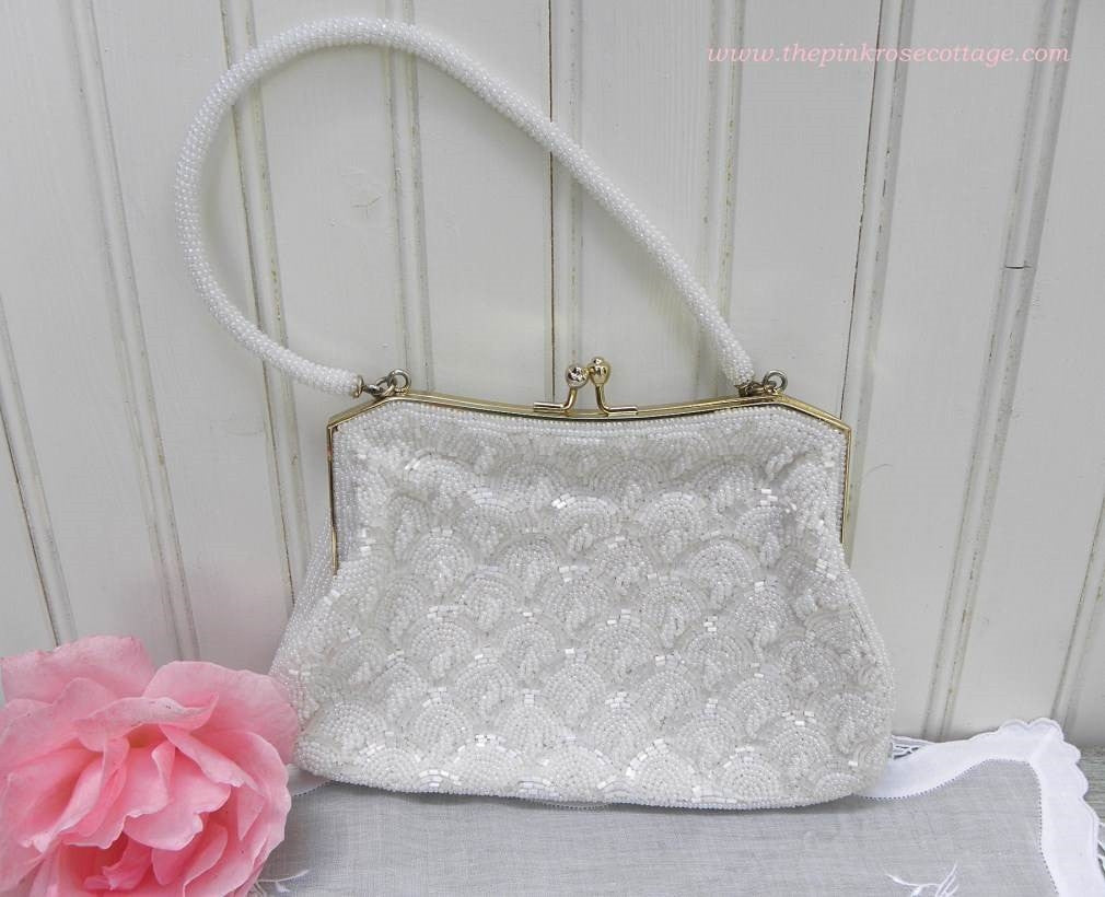 Vintage White Beaded Evening Bag Clutch
