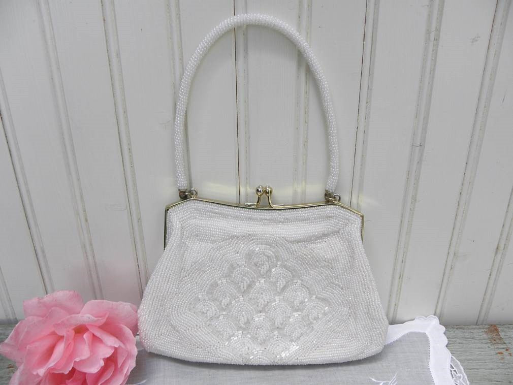 Vintage White Pearl Beaded Evening Bag - The Pink Rose Cottage