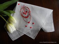 Vintage Tagged Lady Heritage Valentines Handkerchief Embroidered Garland Roses and Hearts - The Pink Rose Cottage 
