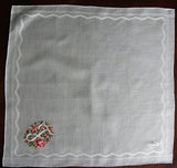 MWT Vintage Brumel Petite Point Embroidered Pink Roses Monogram "F" Handkerchief - The Pink Rose Cottage
