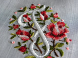 MWT Vintage Brumel Petite Point Embroidered Pink Roses Monogram "F" Handkerchief - The Pink Rose Cottage