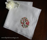 MWT Vintage Brumel Petite Point Embroidered Pink Roses Monogram "F" Handkerchief - The Pink Rose Cottage