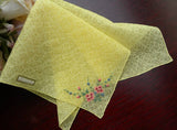Vintage Sheer Yellow Chintz Handkerchief with Petite Point Pink Roses - The Pink Rose Cottage 