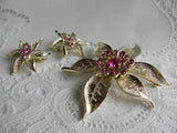 Vintage Sarah Coventry Pink Christmas Poinsettia Pin and Earrings - The Pink Rose Cottage 