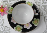 Vintage Demitasse Teacup and Saucer Black with Colorful Daisies