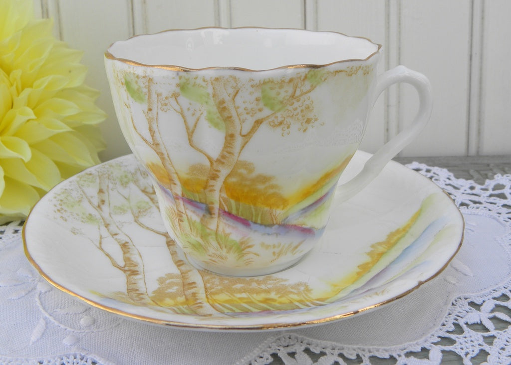Vintage Melba Bone China Teacup and Saucer with Trees and Hills