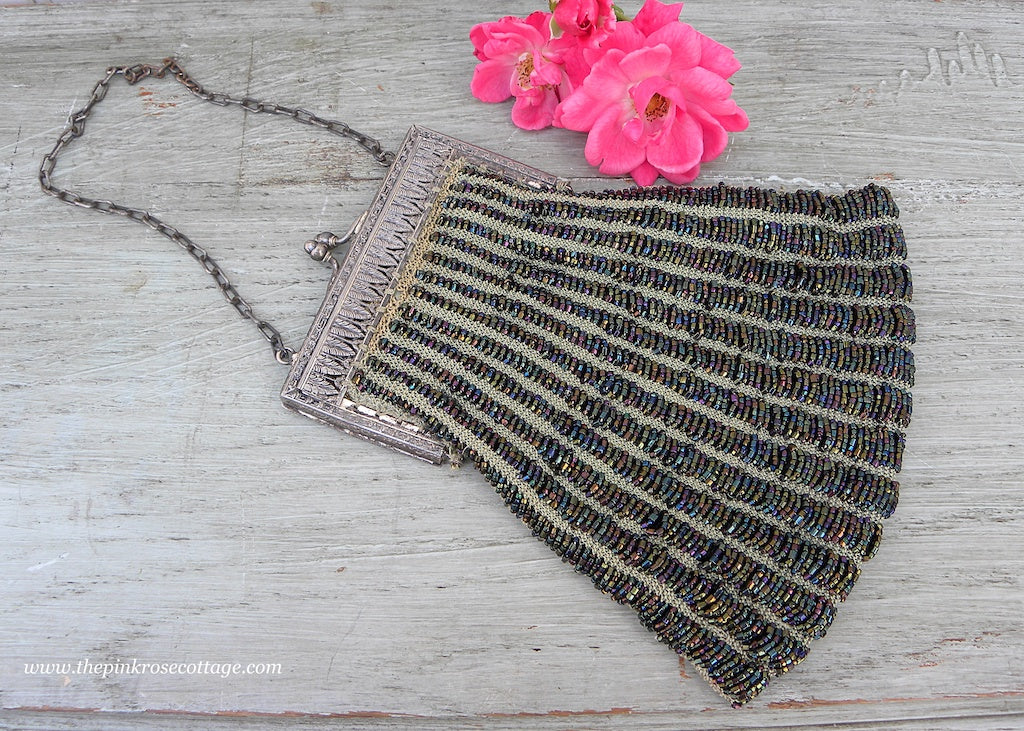 Antique Art Deco Green Carnival Glass Beaded Evening Bag Purse