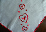 Vintage Valentine Handkerchief Embroidered Red Hearts and Trim