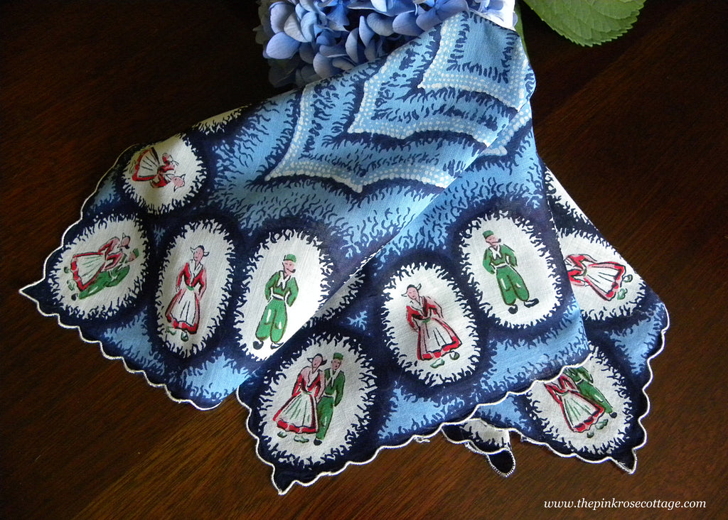 Vintage Blue Handkerchief with Dutch People Couples
