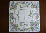 Vintage Gardening Linen Handkerchief with Flower Cart Flower Pots with Blue Trim