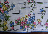 Vintage Gardening Linen Handkerchief with Flower Cart Flower Pots with Blue Trim