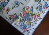 Vintage Gardening Linen Handkerchief with Flower Cart Flower Pots with Blue Trim
