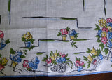 Vintage Gardening Linen Handkerchief with Flower Cart Flower Pots with Blue Trim