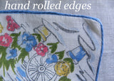 Vintage Gardening Linen Handkerchief with Flower Cart Flower Pots with Blue Trim