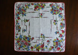 Vintage Gardening Linen Handkerchief with Flower Cart Flower Pots with Red Trim