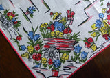 Vintage Gardening Linen Handkerchief with Flower Cart Flower Pots with Red Trim