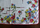Vintage Gardening Linen Handkerchief with Flower Cart Flower Pots with Red Trim
