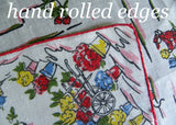 Vintage Gardening Linen Handkerchief with Flower Cart Flower Pots with Red Trim