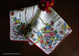 Vintage Gardening Linen Handkerchief with Flower Cart Flower Pots with Red Trim