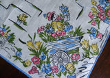 Vintage Gardening Linen Handkerchief with Flower Cart Flower Pots with Blue Trim
