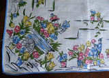 Vintage Gardening Linen Handkerchief with Flower Cart Flower Pots with Blue Trim