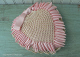 Vintage Handmade Satin Ribbon Crocheted Pink Heart Pillow