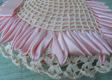 Vintage Handmade Satin Ribbon Crocheted Pink Heart Pillow