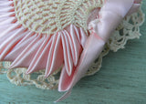 Vintage Handmade Satin Ribbon Crocheted Pink Heart Pillow