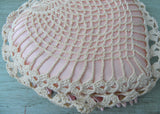 Vintage Handmade Satin Ribbon Crocheted Pink Heart Pillow