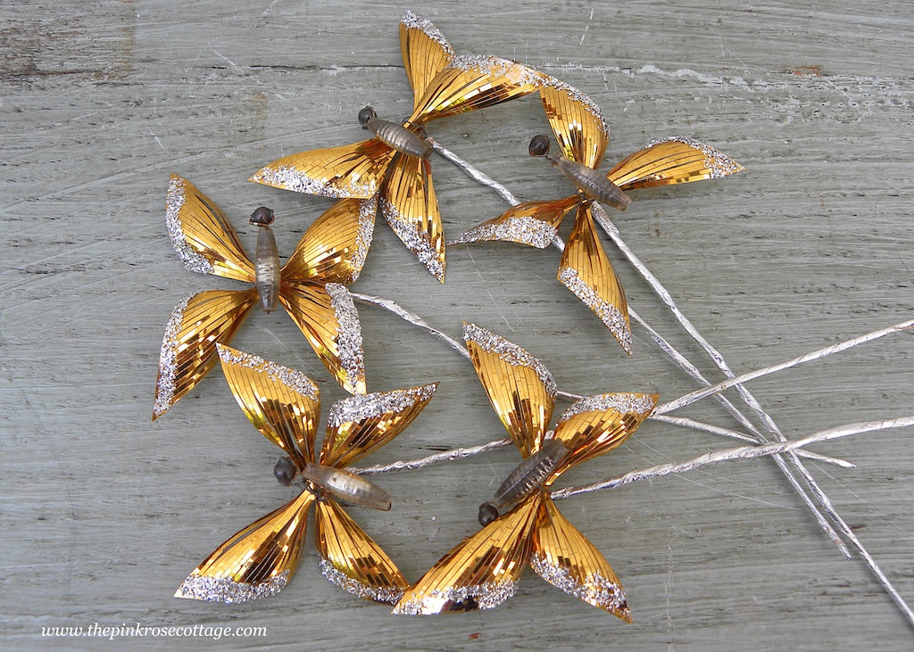 5 Vintage Aluminum and Glass Gold Butterfly Floral Picks