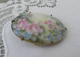 Antique Victorian Edwardian Hand Painted Pink Roses & Forget-Me-Nots Brooch - The Pink Rose Cottage 