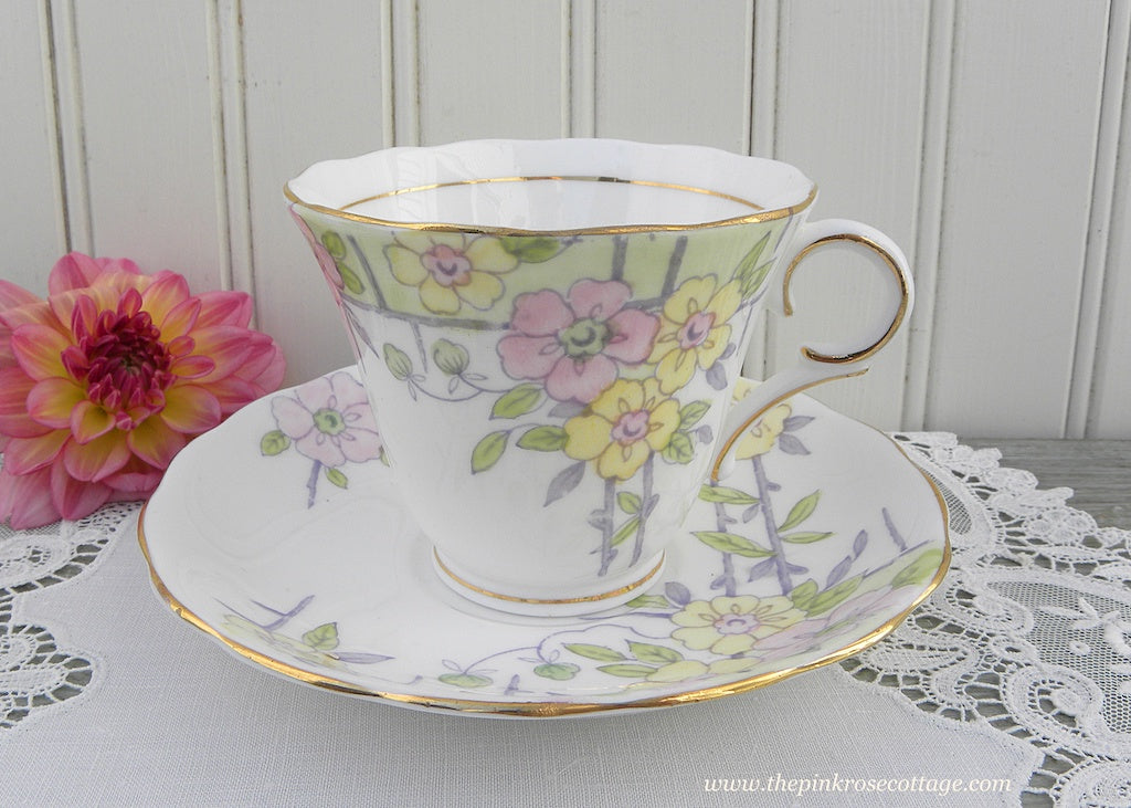 Vintage Colclough Art Deco Pastel Spring Flowers Teacup and Saucer