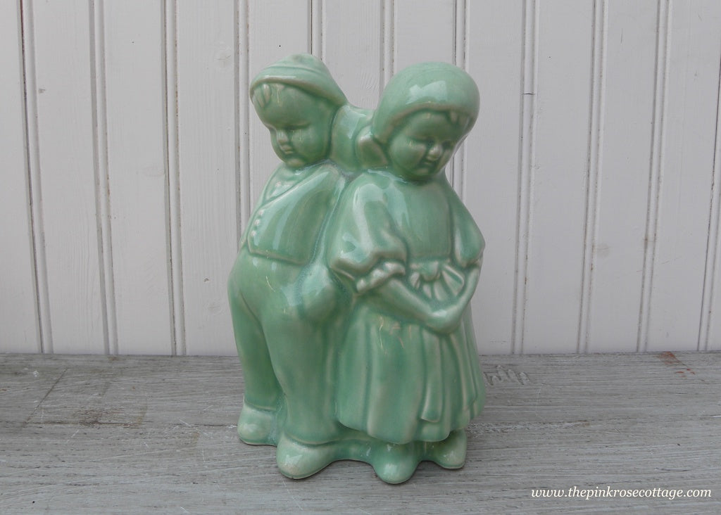 Vintage Cameron Clay Pottery Green Celadon Dutch Boy and Girl Planter Vase