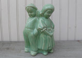 Vintage Cameron Clay Pottery Green Celadon Dutch Boy and Girl Planter Vase