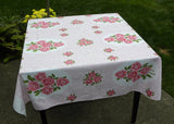 Vintage Broderie Tablecloth with Pink Roses and Scrolls