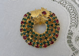 Vintage Rhinestone Christmas Holly Wreath Pin Brooch
