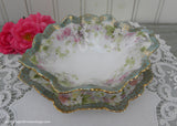 Antique Hand Painted Pink Roses Sauce Condiment Bowl and Under Plate