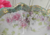 Antique Hand Painted Pink Roses Sauce Condiment Bowl and Under Plate